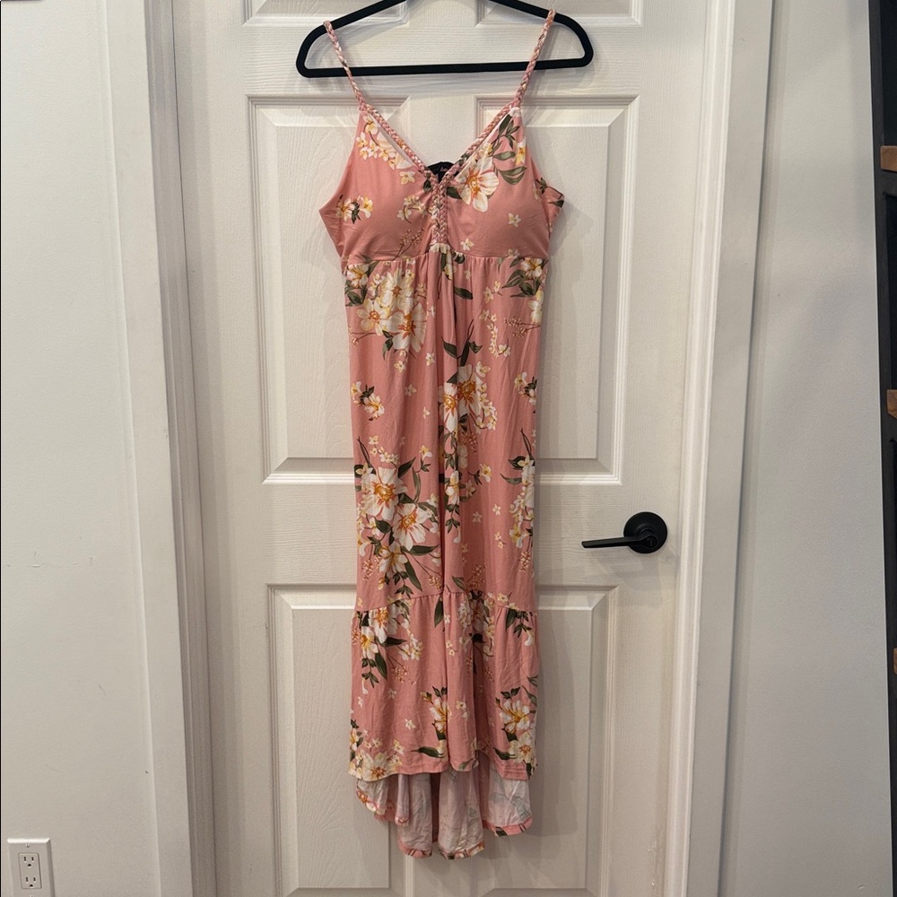 Pink floral high low spaghetti strap dress with ruffle
